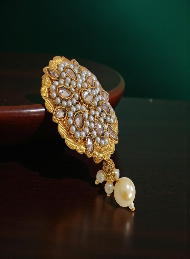 ACCESSHER Women & Girls Gold-Plated Traditional Kundan Pearl Drop Multipurpose Clothing Sewing Brooch & Pin for Dupatta, Chunri Scrafs, Hijab & Saree Pin For Wedding - Image 4