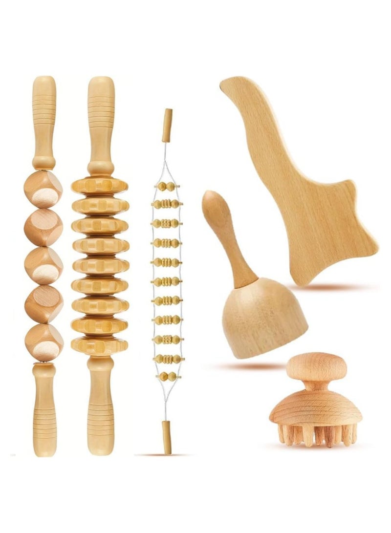 نهر قو أدوات تدليك خشبية ، 6 قطع أدوات تدليك للعلاج بالخشب ، أداة أسطوانة مدلك الخشب لعلاج الأنسجة الرخوة / التصريف اللمفاوي / تخفيف آلام العضلات - Image 1