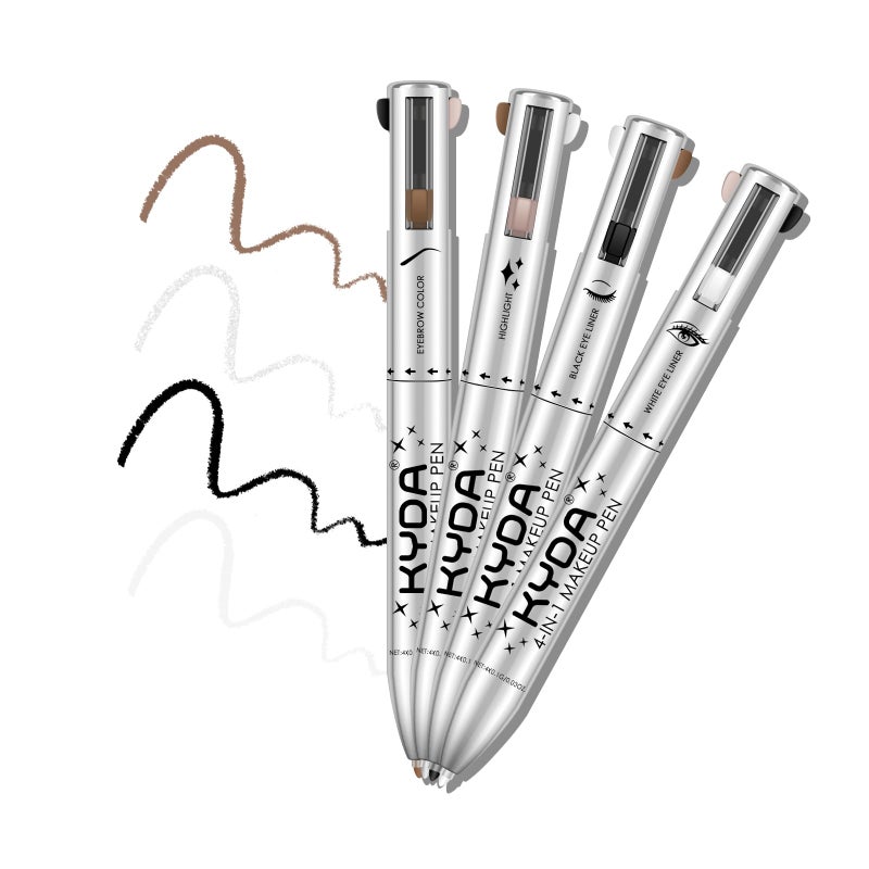 FREEORR 4-in-1 On-The-Go Travel Makeup Pen - Eyeliner in Black & White, Eyebrow Pencil in Brown, Highlighter - Smooth Glide, Easy Carry - Image 1