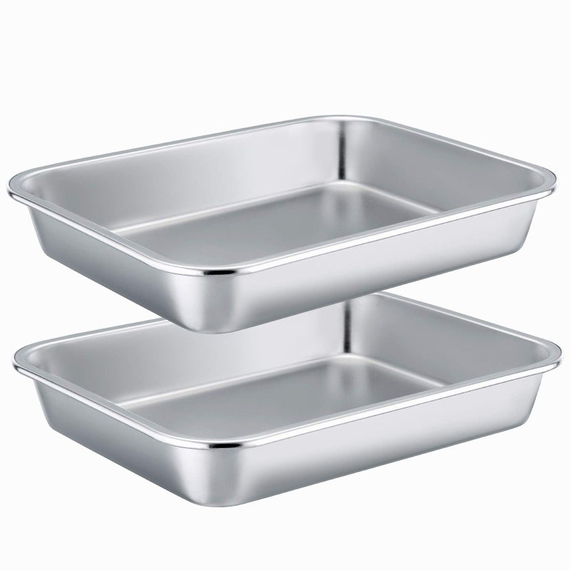 Efar Stainless Steel Sheet Cake Pan Set of 2 106 x 83 x17 Inches Small Brownie Baking Pan Rectangular HighSided Cookie Sheet Pans Fit for Toaster Oven NonToxic  Heavy Duty Dishwasher Safe