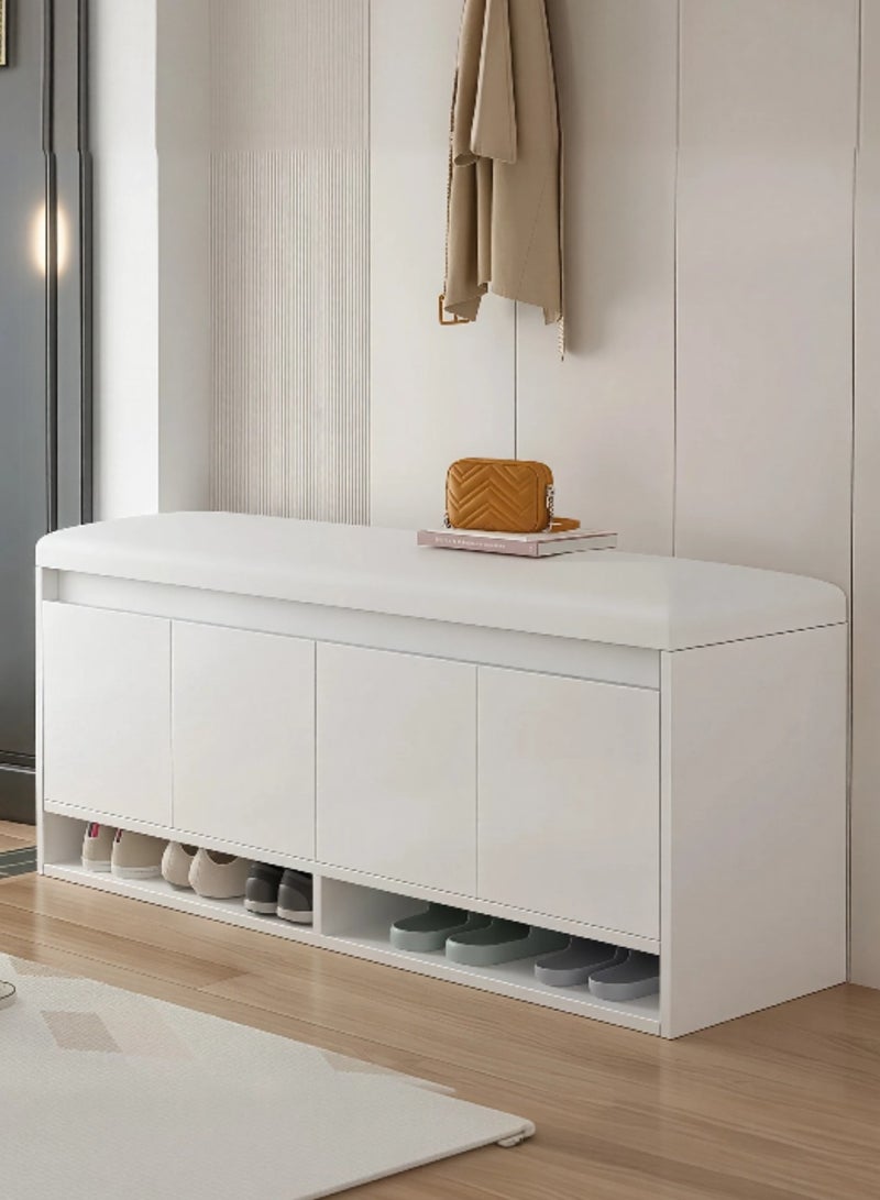 اليسا مقعد خزانة أحذية 3 في 1 للمدخل - مقعد قابل للطي مع مساحة تخزين مخفية، خزائن بأربعة أبواب مع أرفف قابلة للإزالة، منظم صغير الحجم مع مقعد مبطن - لمسة نهائية بيضاء عصرية - Image 1
