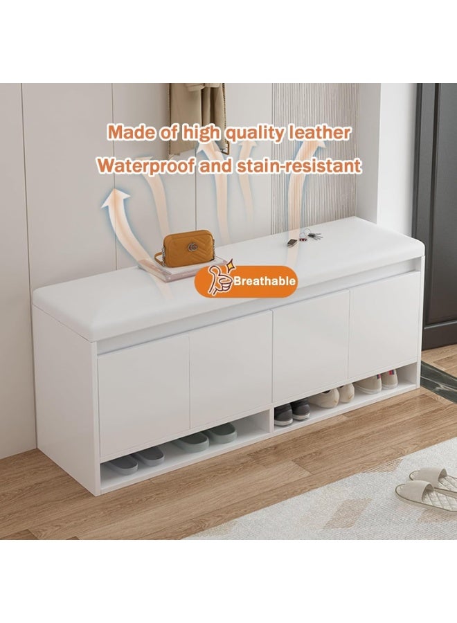 اليسا مقعد خزانة أحذية 3 في 1 للمدخل - مقعد قابل للطي مع مساحة تخزين مخفية، خزائن بأربعة أبواب مع أرفف قابلة للإزالة، منظم صغير الحجم مع مقعد مبطن - لمسة نهائية بيضاء عصرية - Image 2