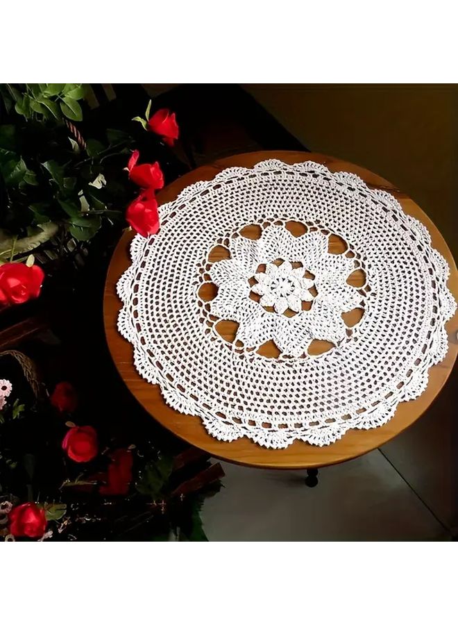 غرزة الكروشيه اليدوية لحافة مائدة من الدانتيل مقاس 16.93 × 17.72 بوصة مستدير أبيض زهري مع تصميم تجويفي معقد لإعدادات طاولة عيد الشكر وديكور ريفي بحواف مموجة - Image 4