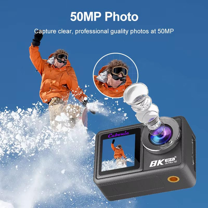 Cubonic 8K Ultra HD 50MP Touch Screen Dual Display Enabled EIS Stabilization Sports & Action Camera WiFi App Controlled for Outdoor, Riding, Diving, Shooting - Image 3