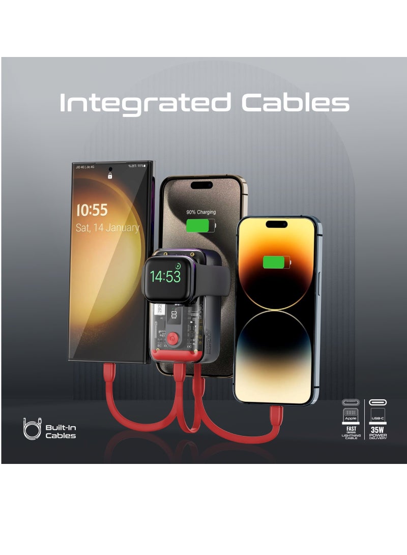 PROMATE 10000 mAh Mavrix 10000mAh Power Bank Transparent Portable Charger with 35W USB-C PD Cable, 12W Lightning Cable, USB-C In/Out Port, 3W Watch Charger for iPhone 14/17/17 Pro Max, Samsung S26 Ultra Mavrix Red - Image 3