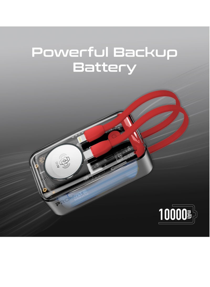 PROMATE 10000 mAh Mavrix 10000mAh Power Bank Transparent Portable Charger with 35W USB-C PD Cable, 12W Lightning Cable, USB-C In/Out Port, 3W Watch Charger for iPhone 14/17/17 Pro Max, Samsung S26 Ultra Mavrix Red - Image 4