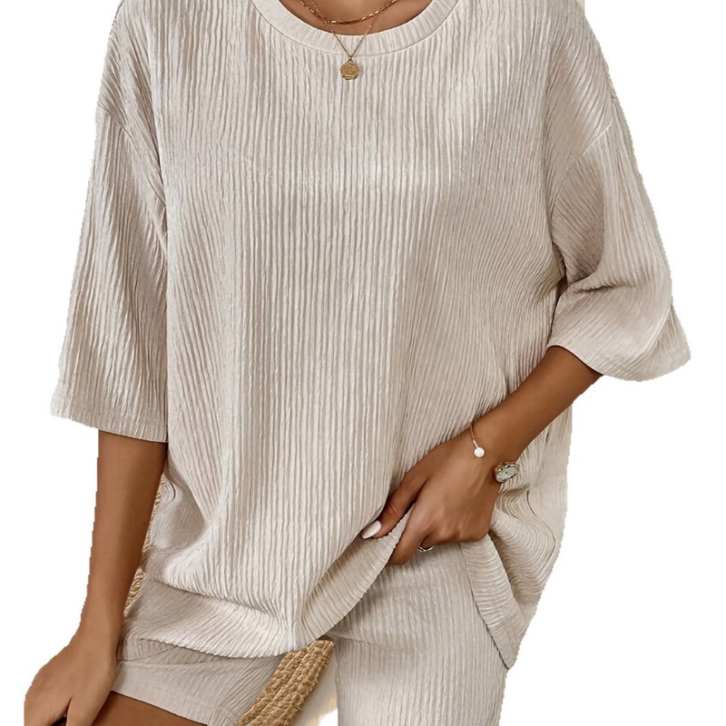 Women's Loose Casual Tracksuit Set - Short Sleeve, Pure Color - Image 5