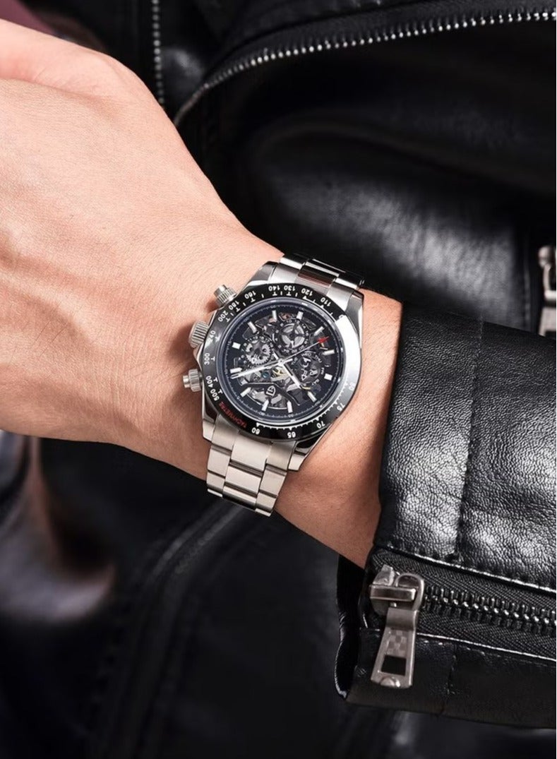 PAGANI DESIGN Men's Automatic Mechanical Stainless Steel Watch Waterproof Watch PD-1777 Silver Black - Image 2