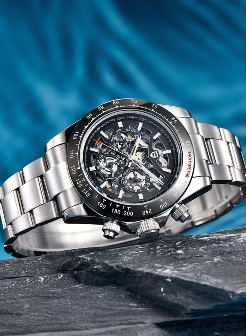 PAGANI DESIGN Men's Automatic Mechanical Stainless Steel Watch Waterproof Watch PD-1777 Silver Black - Image 3