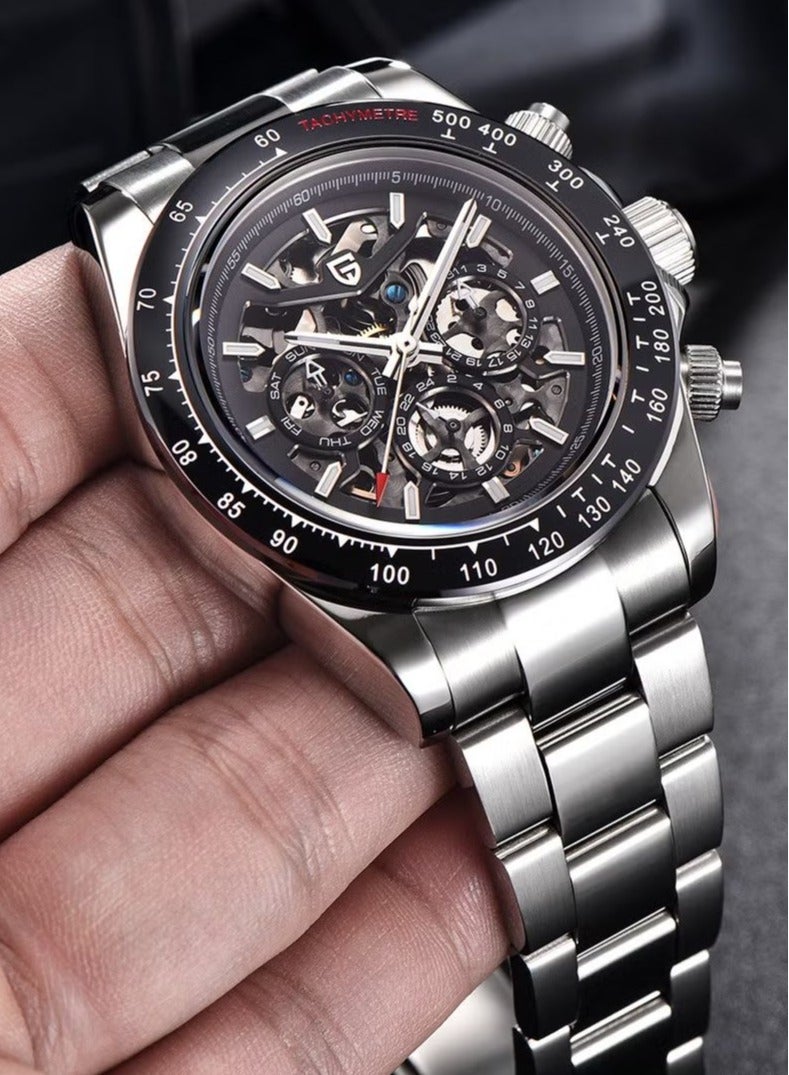 PAGANI DESIGN Men's Automatic Mechanical Stainless Steel Watch Waterproof Watch PD-1777 Silver Black - Image 4