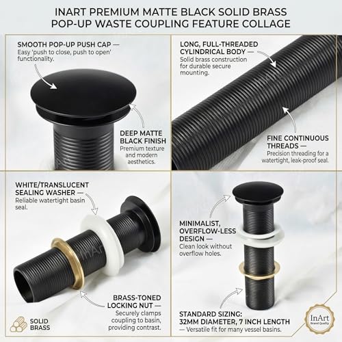 InArt Brass Full Threaded Pop Up Waste Coupling 32 MM (7", Black Matte) - for Table Top Wash Basins (Black 1) - Image 3