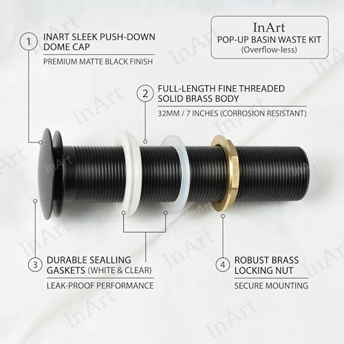 InArt Brass Full Threaded Pop Up Waste Coupling 32 MM (7", Black Matte) - for Table Top Wash Basins (Black 1) - Image 2
