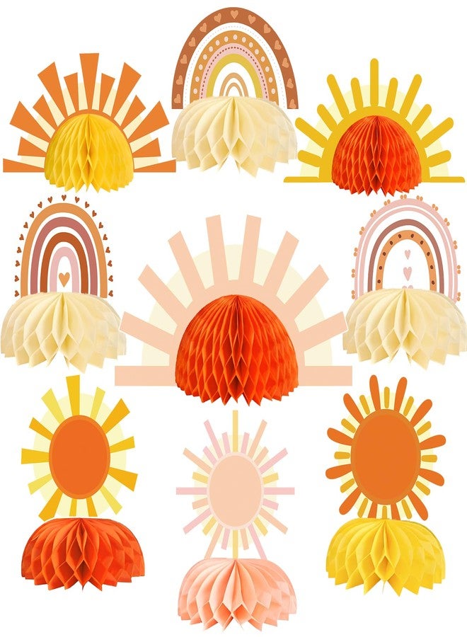 Yavxzvbw 9pcs Boho Sun Honeycomb Centerpieces, First Trip Around The Sun Decorations, Boho Rainbow Sunrise Party Decorations, Sunshine Birthday Table Toppers for Baby Shower Supplies - Image 1