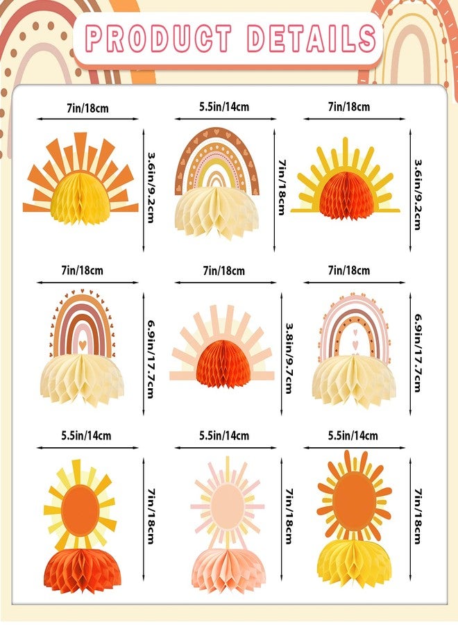 Yavxzvbw 9pcs Boho Sun Honeycomb Centerpieces, First Trip Around The Sun Decorations, Boho Rainbow Sunrise Party Decorations, Sunshine Birthday Table Toppers for Baby Shower Supplies - Image 2