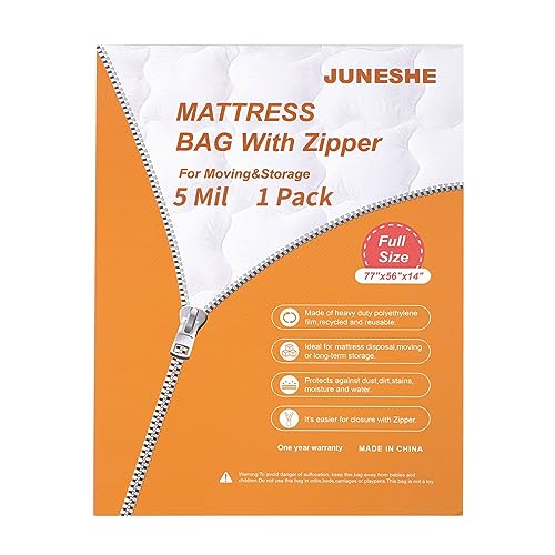 JUNESHE Full Mattress Bag for Moving and Storage Cover -5 Mil Zipper Plastic Waterproof Mattress Storage Bag,77x56x14 inches,1 Pack - Image 1