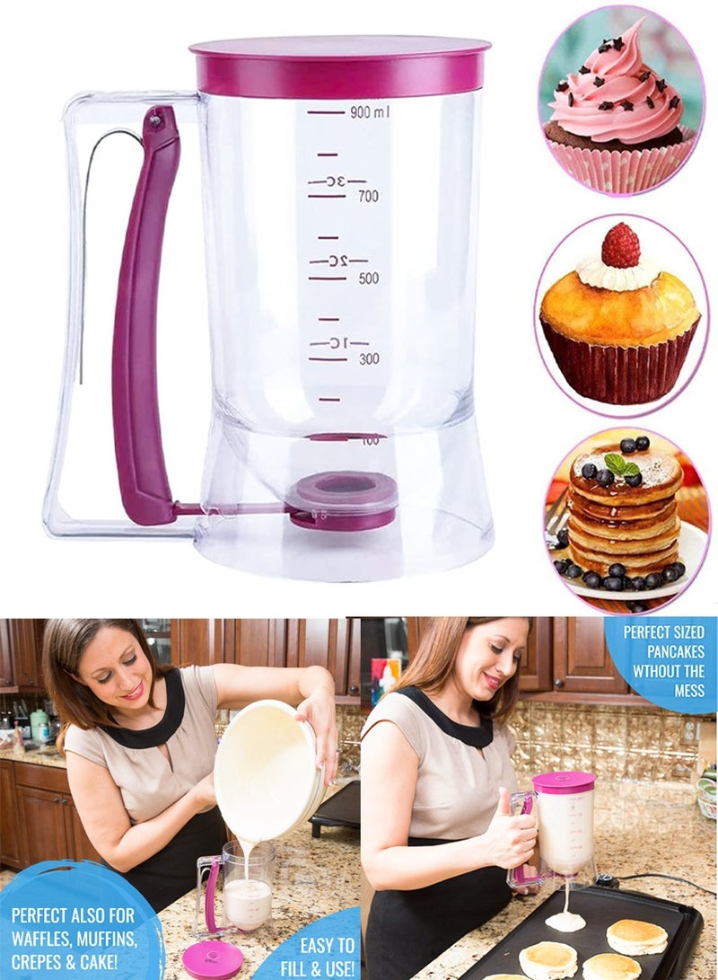 ISHWAZ Pancake Batter Dispenser with Squeeze Handle & Measuring Label, 900ml Batter Maker Machine Perfect for Cupcakes, Waffles, Muffin, Cookie, Crepes and Cakes, Milk Spreader Butter Dispenser Funnel - Image 1