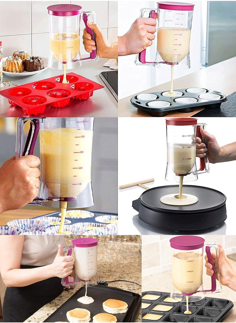 ISHWAZ - Pancake Batter Dispenser with Squeeze Handle & Measuring Label, 900ml Batter Maker Machine Perfect for Cupcakes, Waffles, Muffin, Cookie, Crepes and Cakes, Milk Spreader Butter Dispenser Funnel - Image 1