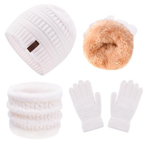 FENELY Girls Winter Hat Scarf Gloves Set for Cold Weather, Kids Beanie Hat Infinity Scarf Knitted Gloves Sets White Knit Thick Warm Fleece Lined Thermal Set for 6-10 Years Old Boy Baby Toddler Children - Image 1