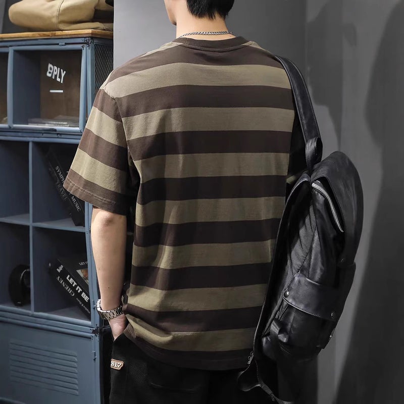 Trendy Brand Striped American Raglan Sleeve Short-Sleeved Men'S Round Neck Loose Casual Half-Sleeved T-Shirt - Image 4