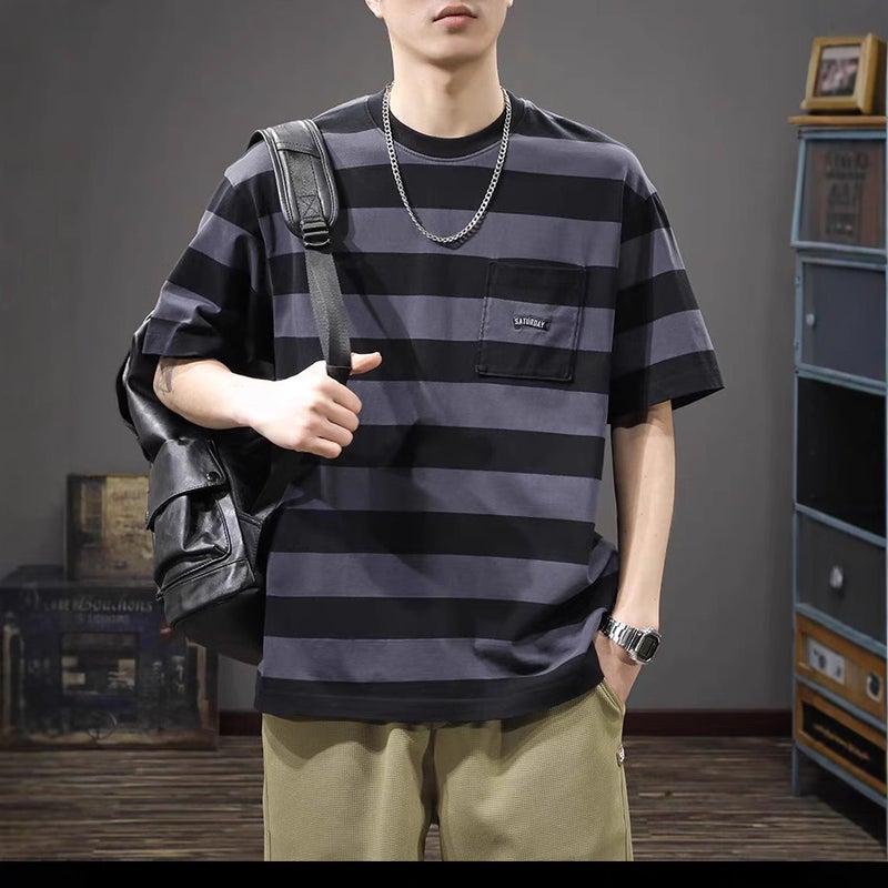 Trendy Brand Striped American Raglan Sleeve Short-Sleeved Men'S Round Neck Loose Casual Half-Sleeved T-Shirt - Image 2