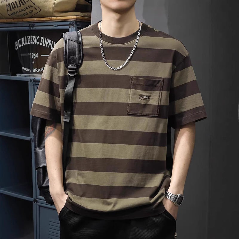 Trendy Brand Striped American Raglan Sleeve Short-Sleeved Men'S Round Neck Loose Casual Half-Sleeved T-Shirt - Image 5