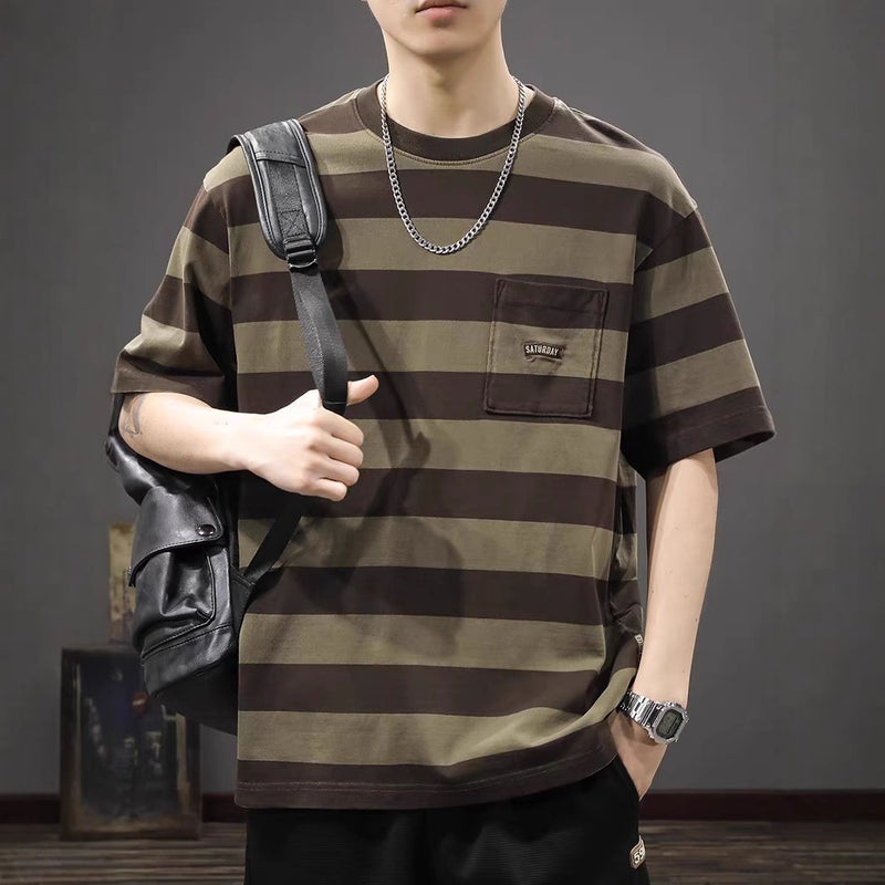 Trendy Brand Striped American Raglan Sleeve Short-Sleeved Men'S Round Neck Loose Casual Half-Sleeved T-Shirt - Image 3