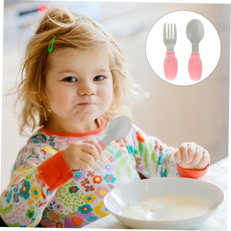 2Pcs Training Tableware Cartoon Silicone Spoons and Forks for Ergonomic Design Durable Stainless Steel and Silicone for Milk and Pureed Food - Image 5