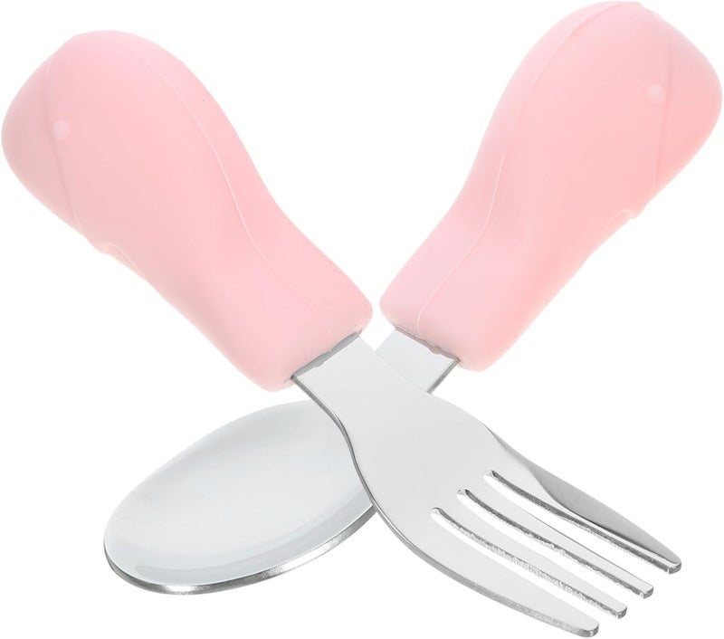 2Pcs Training Tableware Cartoon Silicone Spoons and Forks for Ergonomic Design Durable Stainless Steel and Silicone for Milk and Pureed Food - Image 1