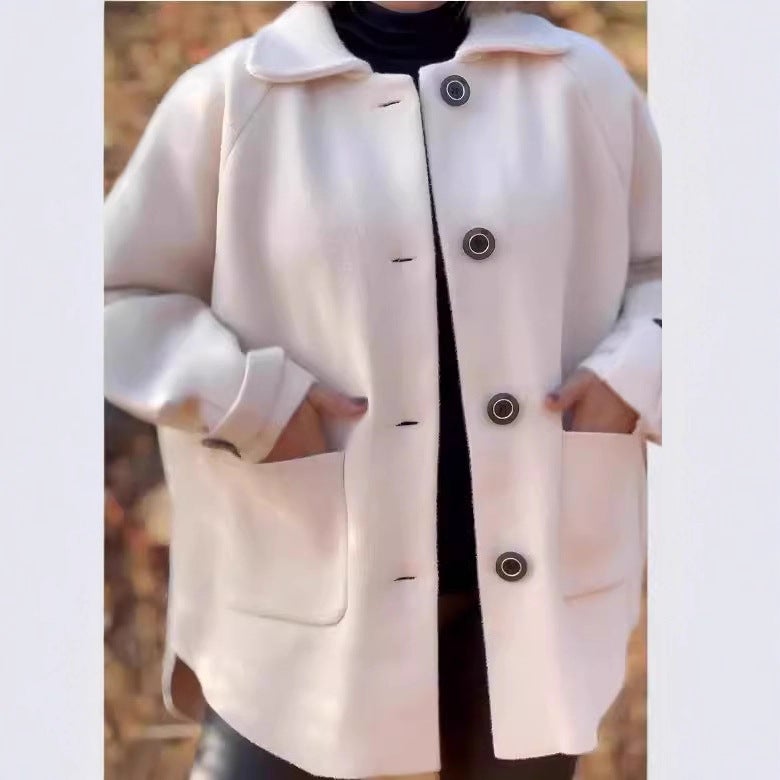 معطف نسائي بمزيج الصوف، مقاس فضفاض، ياقة مطوية، جيوب - Image 3