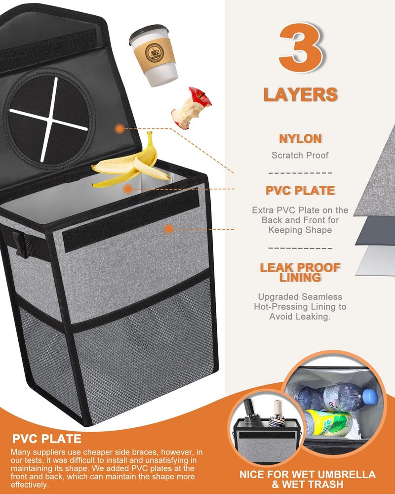 Pritent Car Trash Can with Lid, Cute Leakproof Car Trash Garbage Bag Hanging Vehicle Trash Bin Small Portable Automotive Garbage Cans Organizer for Back/Front Seat/Console(Trapezoid,Grey) - Image 3