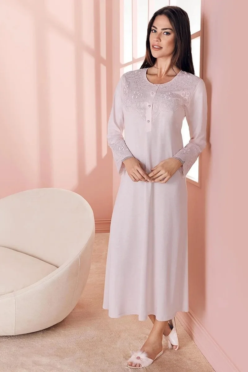 Espuar Mother Nightgown, Long Nightgown, Lace Detailed Collar and Sleeves, Buttoned Collar
