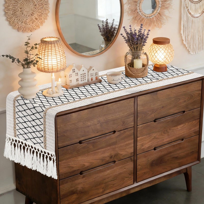 yuboo Table Runner Boho Dresser Runners for Bedroom, Spring Farmhouse Table Runners 72 Inches, Rustic Table Runner with Tassels for Dining Kitchen Office Boho Table Decor - Image 1