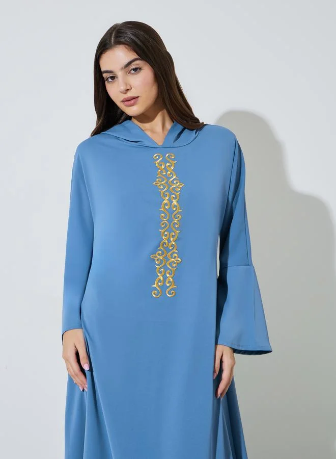 Amirah Brown Embroidered Panel Hooded Jalabiya