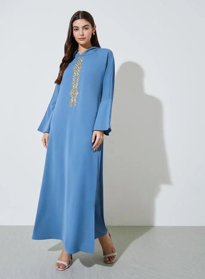Amirah Brown Embroidered Panel Hooded Jalabiya