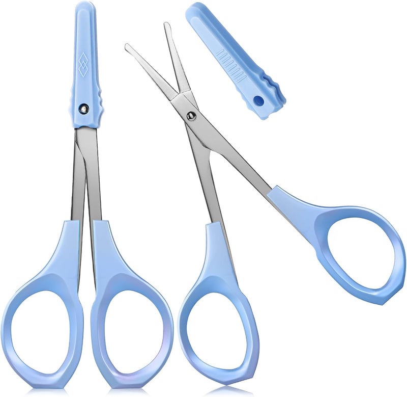 2 Pack Curved Craft Scissors Small Beauty Stainless Steel Trimming Eyebrow Scissors for Eyelash Extensions, Facial Nose Hair, 4 Inch(Blue)