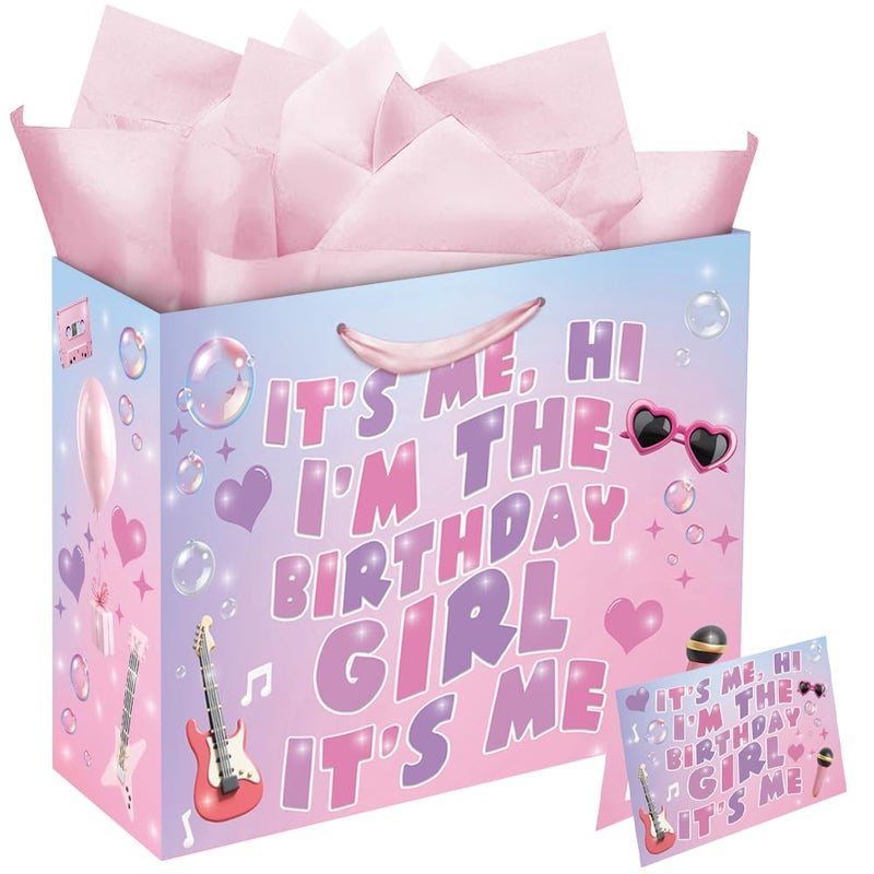 Eaureum It's Me Hi I'm The Birthday Girl Gift Bag for Girls, Purple Pink Blue Birthday Gift Bag Party Decorations for Girls Daughter Granddaughter Friends - Image 1