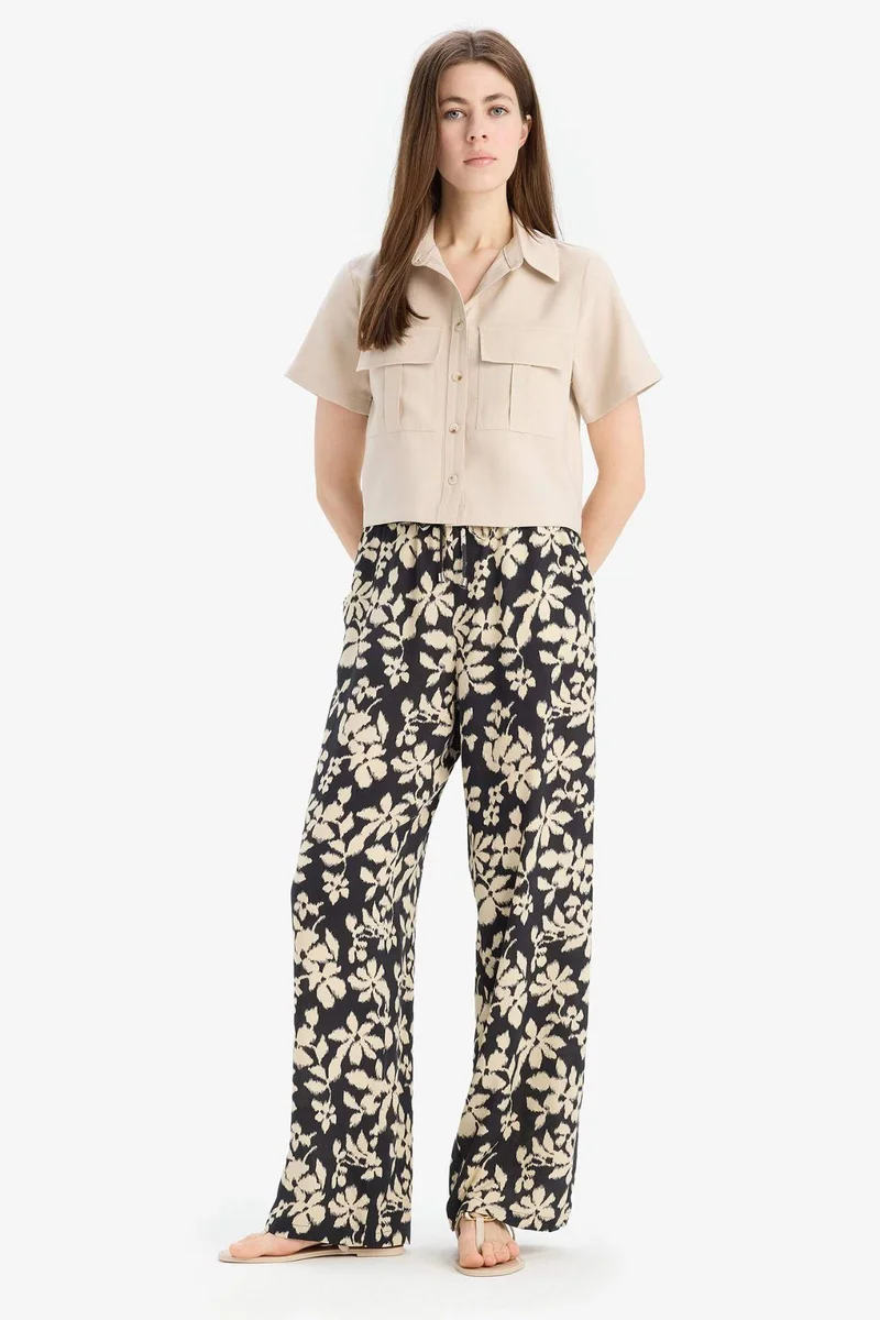 ديفاكتو Florida Patterned Viscose High Waist Wide Leg Trousers