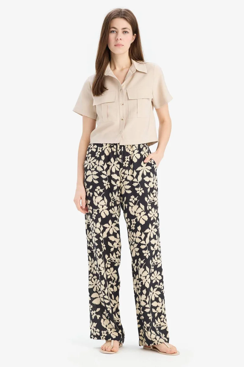 ديفاكتو Florida Patterned Viscose High Waist Wide Leg Trousers