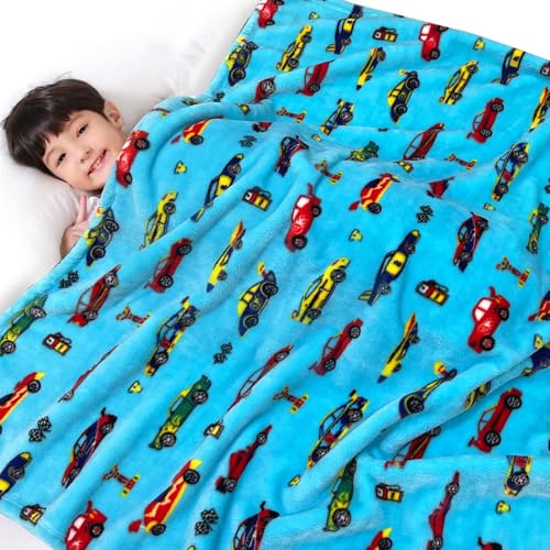 Lukeight Race Cars Toddler Blanket, Plush Cars Throw Blanket for Kids, Thick and Warm Boys Blanket for Teens, 50x60 Inches, Cartoon Cars, 100% Microfiber Polyester, Unisex, Modern, Reversible - Image 1
