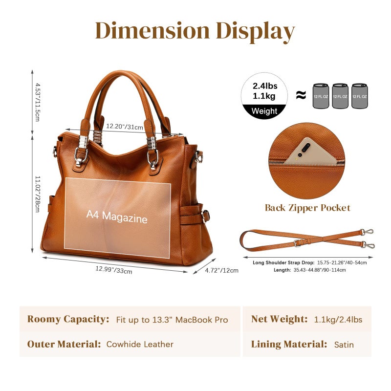 S-ZONE Women Genuine Leather Handbag Shoulder Purse Satchel Tote Crossbody Bag - Image 3