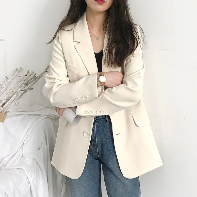 Foreign Trade Small Suit Jacket Womens New Korean Style Spring and Autumn Casual Loose Internet Popular Autumn Suit Jacket British Fashion Creamy-white 