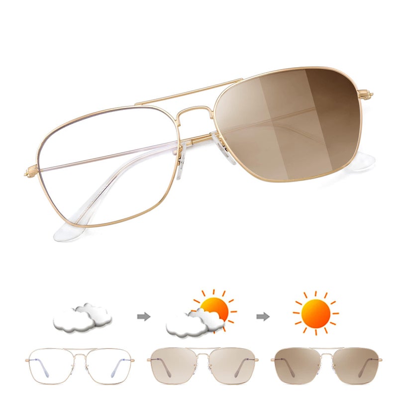 JM Aviator Photochromic Sunglasses Square Blue Light Blocking Computer Glasses Gold