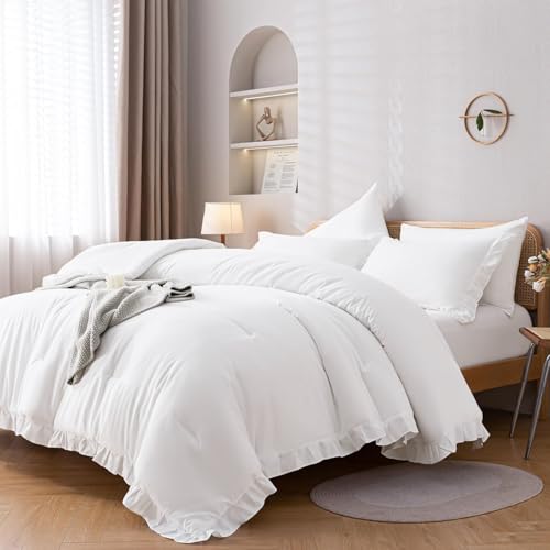 JANZAA Queen Comforter Set White Comforter 3PCS (1 Ruffle Comforter and 2 Pillowcases) Vintage Farmhouse Shabby Chic Bedding Soft Fluffy Bed Set Queen All Season - Image 1