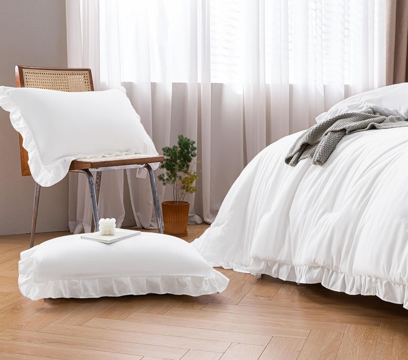 JANZAA Queen Comforter Set White Comforter 3PCS (1 Ruffle Comforter and 2 Pillowcases) Vintage Farmhouse Shabby Chic Bedding Soft Fluffy Bed Set Queen All Season - Image 4