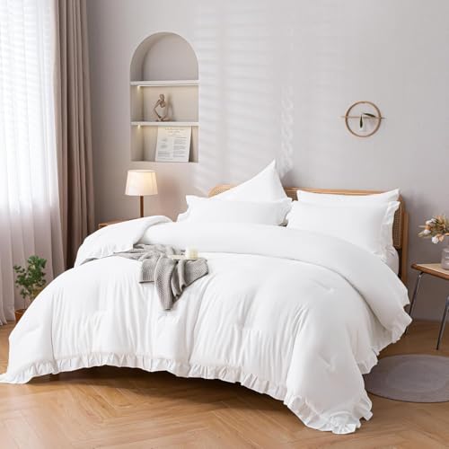 JANZAA Queen Comforter Set White Comforter 3PCS (1 Ruffle Comforter and 2 Pillowcases) Vintage Farmhouse Shabby Chic Bedding Soft Fluffy Bed Set Queen All Season - Image 5