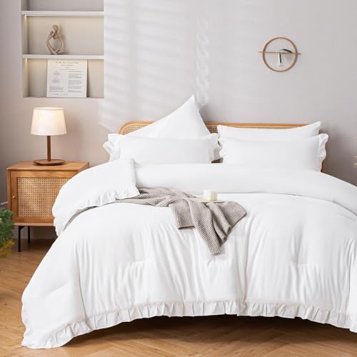 JANZAA Queen Comforter Set White Comforter 3PCS (1 Ruffle Comforter and 2 Pillowcases) Vintage Farmhouse Shabby Chic Bedding Soft Fluffy Bed Set Queen All Season - Image 2