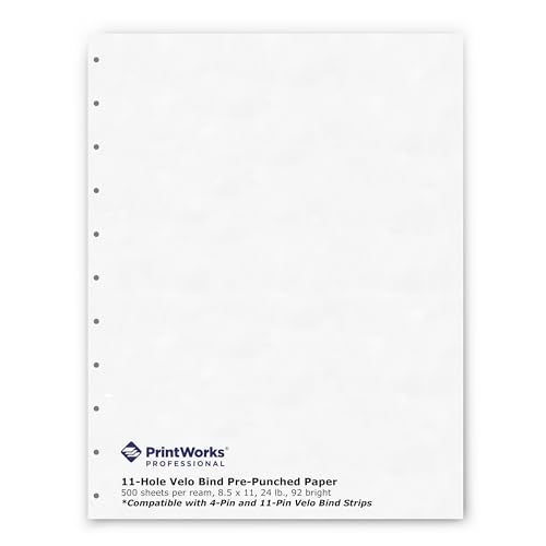 PrintWorks Professional Pre-Punched 11 Hole Velo Bind Paper for 11 Pin & 4 Pin Binding Spines - Book Binding Printer Paper - Made in the USA - 500 Sheets - 8.5" x 11" - 20 lb - 92 Bright White (04330) - Image 1