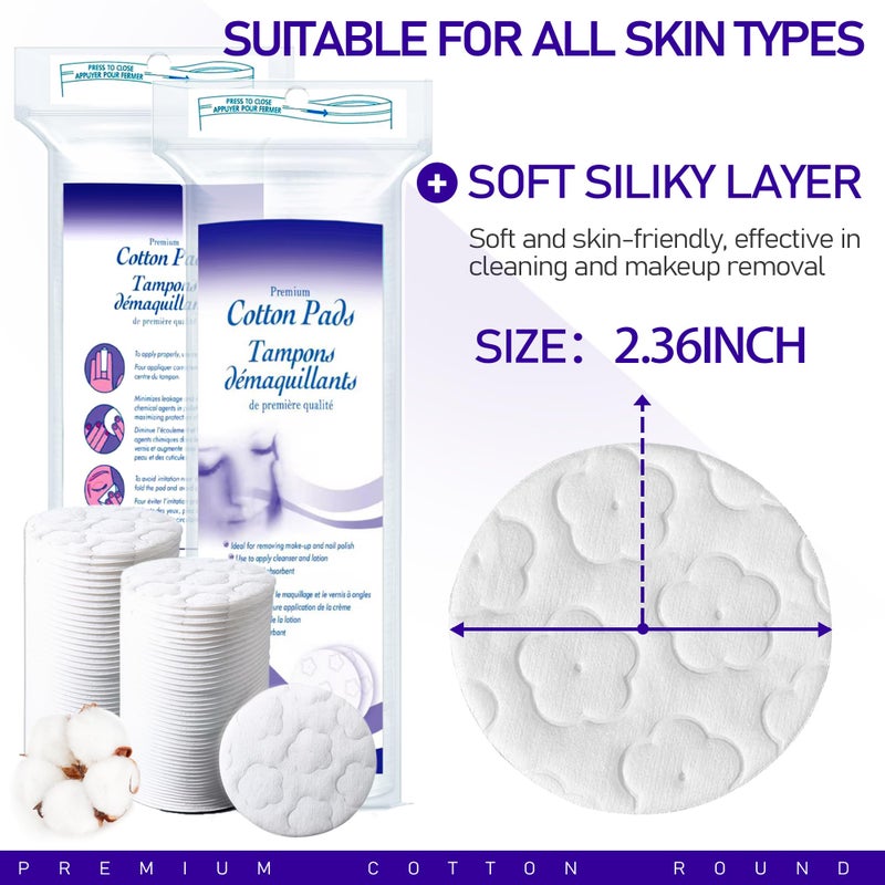 KUKEO Premium Cotton Pads for Face, 300 Count Round Makeup Remover Pads, 100% Pure & Natural Organic Cotton Rounds, Lint-Free Facial Pads Cleansing Cotton (100 Count (Pack of 3)) - Image 2