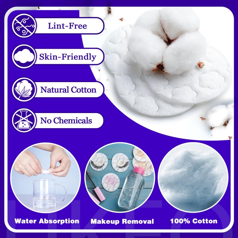 KUKEO Premium Cotton Pads for Face, 300 Count Round Makeup Remover Pads, 100% Pure & Natural Organic Cotton Rounds, Lint-Free Facial Pads Cleansing Cotton (100 Count (Pack of 3)) - Image 4