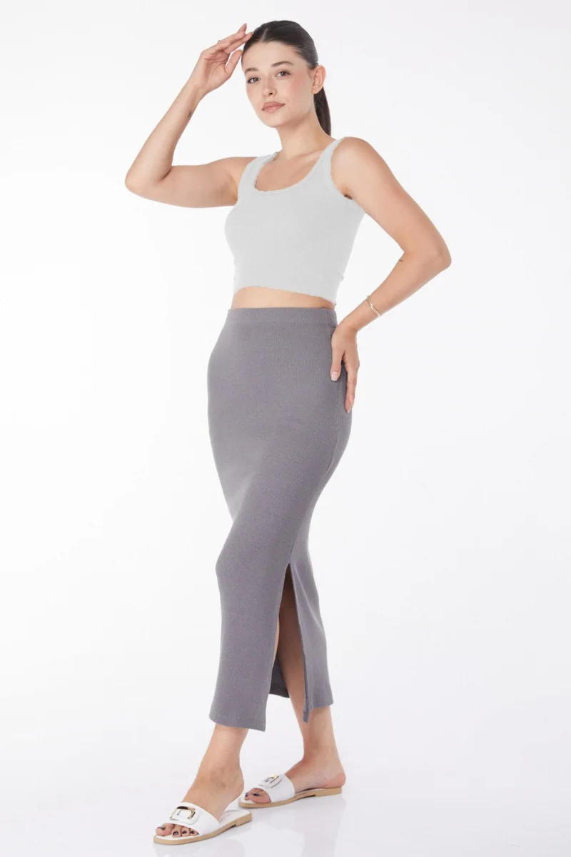 Tofisa Plain Mid Women's Anthracite Slit Skirt - 24663